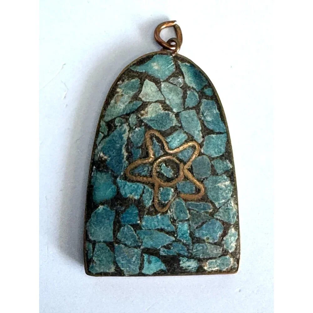 Vintage Turquoise Micro Mosaic Brass Pendant With Star Design 2" Made In India - Picture 4 of 5